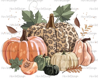 May include: A collection of fall-themed pumpkins with various patterns and colors. A large leopard print pumpkin sits in the center, surrounded by smaller pumpkins in orange, peach, and cream. The pumpkins are decorated with fall leaves and vines.