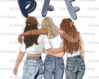 BFF PNG, besties gift , best friends png, soul sisters, three friends, digital file, sublimation design, hand drawn, printable tshirt