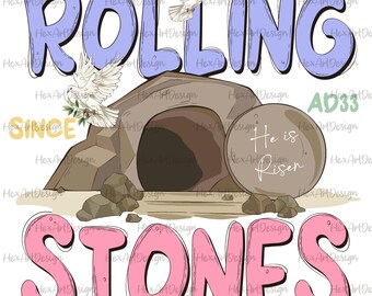 christian easter rolling stones PNG, he is risen, digital file, hand drawn
