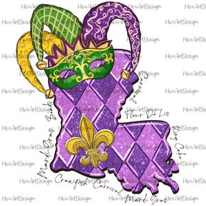 Mardi gras de Louisiane PNG, carte de la Louisiane, festival de la Louisiane, gros mardi, tshirt imprimable dessiné à la main de sublimation de fichier numérique