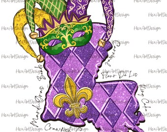 Louisiana mardi gras PNG, Louisiana map, Louisiana festival, fat tuesday, digital file sublimation design hand drawn printable tshirt