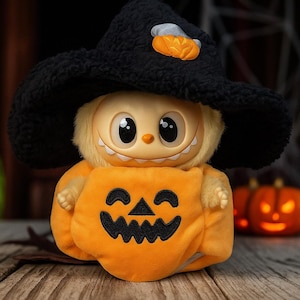Labubu Clothes 17cm – Pumpkin Costume for Plush Doll, Universal Accessories Sitting or Standing, Labubu Stylist Outfit Halloween