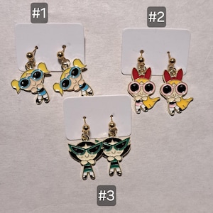 Puces d'oreilles Swag Power Girls, boucles d'oreilles personnages de dessins animés fictifs, boucles d'oreilles girl power kawaii