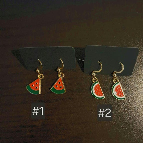 Boucles D'oreilles Pendantes Pastèque - Laiton Rouge, Dormeuses - Fabrication Française, Article Neuf