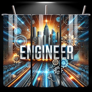 May include: A stainless steel tumbler with a colorful design featuring a cityscape, gears, and the word "ENGINEER". The background is a mix of blue, orange, and yellow.