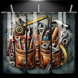 May include: A brown leather tool belt with a variety of tools, including a hammer, wrenches, pliers, a tape measure, and a screwdriver. The tools are arranged in a visually appealing way, with the hammer at the top and the other tools cascading down.