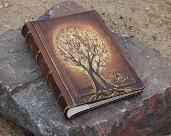 Personalized Leather Anniversary Wedding album 13 x 9  with two gold Trees of Life for 300 photos