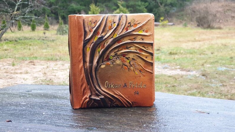 Leather photo album with Tree for 100 photos anniversary birthday gift image 4