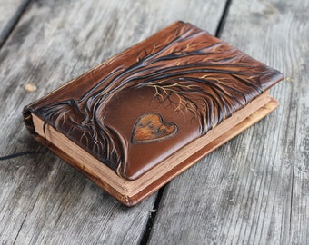 Wedding Guest Book Personalized Leather Journal Tree of life with heart and initials 8,7 x 6,5 inch