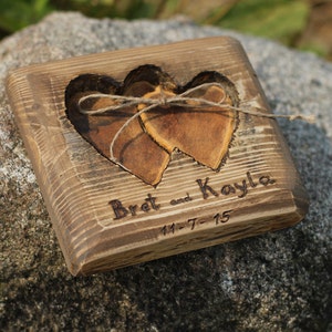 Rustic wood ring bearer pillow with two hearts for rustic wedding image 4