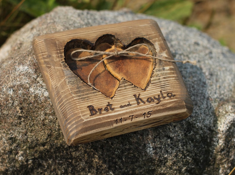 Rustic wood ring bearer pillow with two hearts for rustic wedding image 4