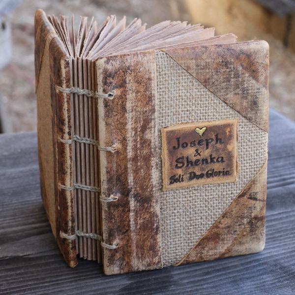 Personalized leather and burlap journal with brown craft paper