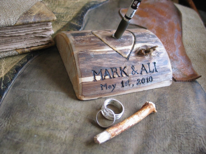 Rustic wood pen holder for wedding guest book image 2