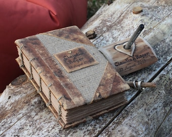 Personalized Burlap and leather medieval journal rustic wedding guestbook  8,7 x 6,5 with recycled brown craft paper