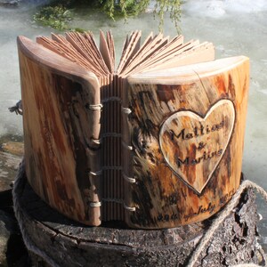 Rustic wood journal personalised with heart and names Coptic stitch image 2