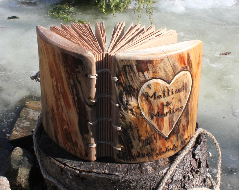 Rustic wood journal personalised with heart and names Coptic stitch image 2