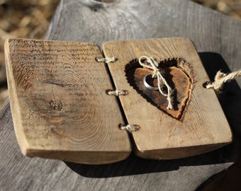 Rustic wood ring box bearer pillow with heart for rustic wedding proposal engagement