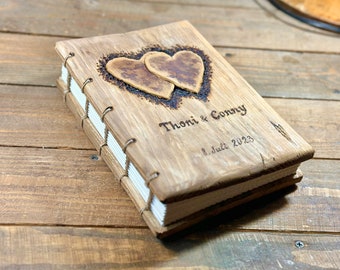 Wedding Guest Book rustic wood journal with leather hearts wooden guestbook bridal shower engagement anniversary