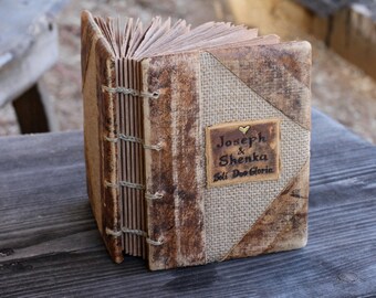 Personalized Leather and burlap rustic wedding guest book with brown craft paper