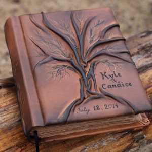 Wedding Guest Book Personalized Leather Journal Tree of life 8,7 x 6,5 inch image 1