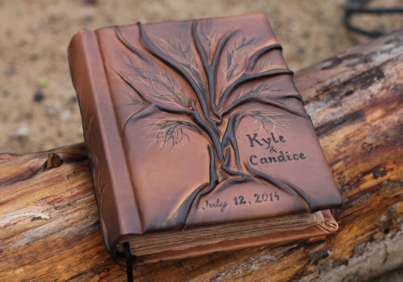 Wedding Guest Book Personalized Leather Journal Tree of life 8,7 x 6,5 inch image 1