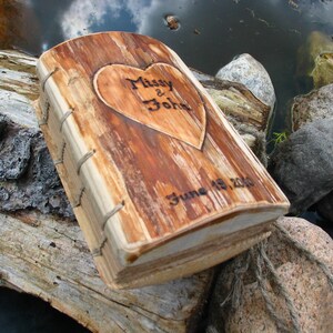 Rustic wood journal personalised with heart and names Coptic stitch image 4