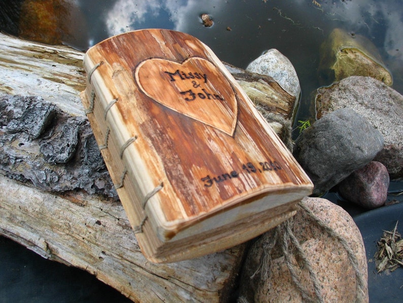 Rustic wood journal personalised with heart and names Coptic stitch image 4