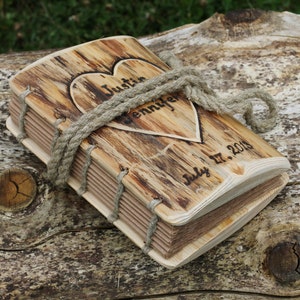 Rustic wood journal personalised with heart and names Coptic stitch image 1