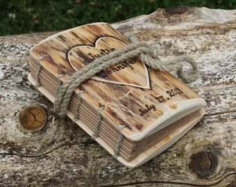 Rustic wood journal personalised with heart and names Coptic stitch