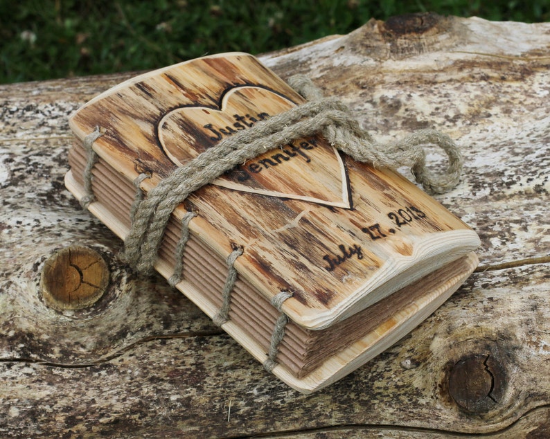 Rustic wood journal personalised with heart and names Coptic stitch image 1