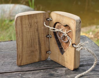 Rustic wood ring box bearer pillow with heart for rustic wedding proposal engagement