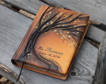 Libro de firmas de boda grande de cuero: Árbol de la vida, estilo rústico chic