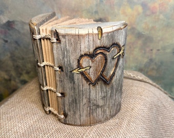 Wooden Wedding guest book rustic wood journal with hearts and arrow