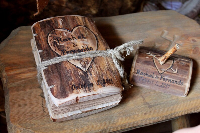 Rustic wood journal personalised with heart and names Coptic stitch image 3