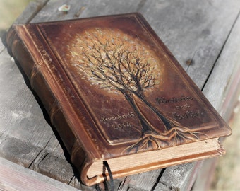 Rustic leather journal wedding guest book two Trees of life leather anniversary gift wedding gift