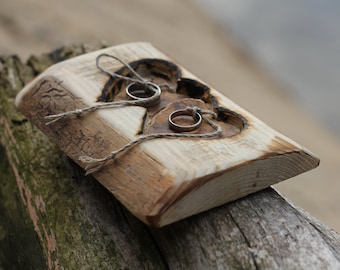 Rustic wood ring bearer pillow with two hearts for rustic wedding