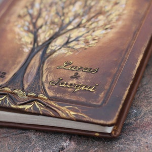 Personalized Leather Anniversary Wedding album 13 x 9 with two gold Trees of Life for 300 photos image 2