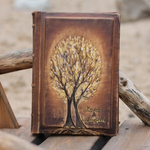 Personalized Leather Anniversary Wedding album 13 x 9 with two gold Trees of Life for 300 photos image 4