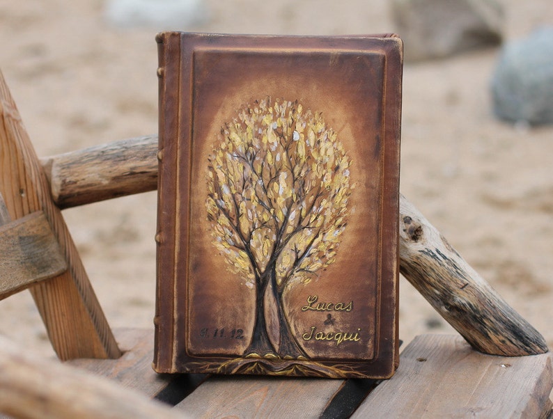 Personalized Leather Anniversary Wedding album 13 x 9 with two gold Trees of Life for 300 photos image 4