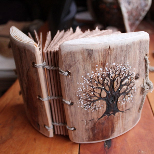 Coptic stich rustic wood journal  5 1/2 x 4 Tree of life