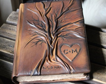 Custom leather wedding guest book Tree of life  Bridal Shower Anniversary Engagement with heart and initials