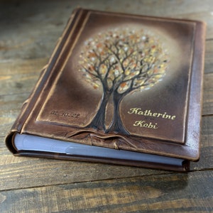 Personalized Leather Anniversary Wedding album 13 x 9 with two gold Trees of Life for 300 photos image 6