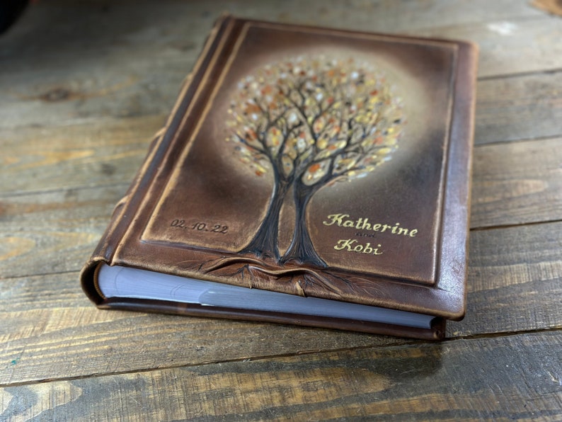 Personalized Leather Anniversary Wedding album 13 x 9 with two gold Trees of Life for 300 photos image 6