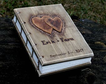Wedding Guest Book rustic wood journal with leather hearts wooden guestbook bridal shower engagement anniversary