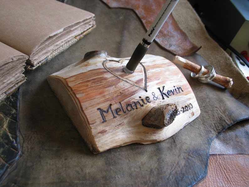 Rustic wood pen holder for wedding guest book image 4