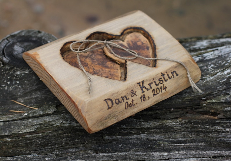 Rustic wood ring bearer pillow with two hearts for rustic wedding image 3