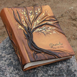 Leather photo album 10 x 7 1/2  with Tree for 200 photos personalized wedding gift