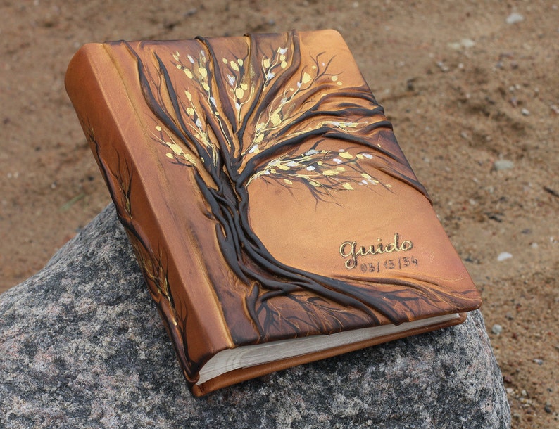 Leather photo album 10 x 7 1/2 with Tree for 200 photos personalized wedding gift image 1