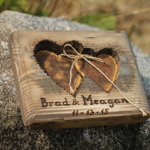 Rustic wood ring bearer pillow with two hearts for rustic wedding image 5