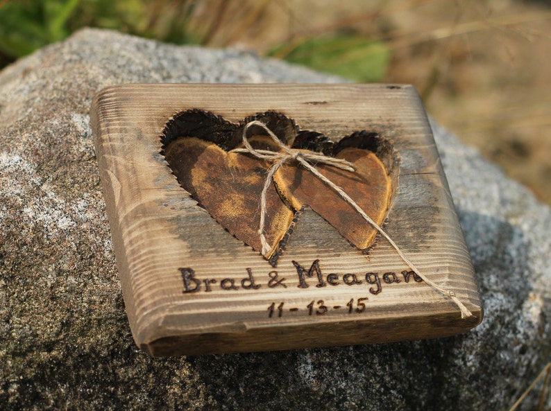 Rustic wood ring bearer pillow with two hearts for rustic wedding image 5